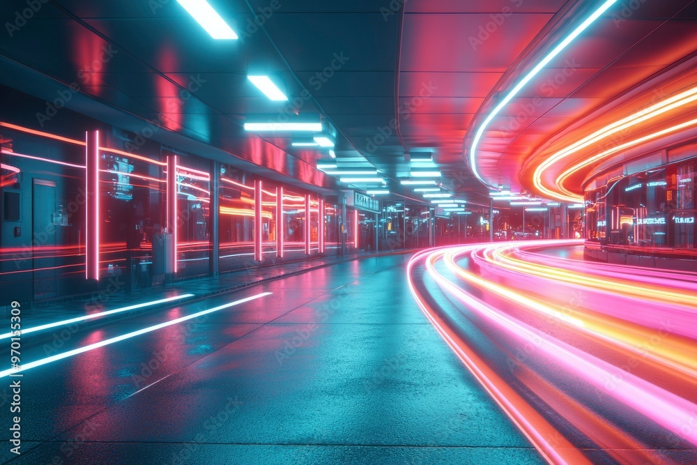Neon Lights Reflecting in Wet Pavement of an Urban Alleyway Neon Lights Reflecting in Wet Pavement of an Urban Alleyway