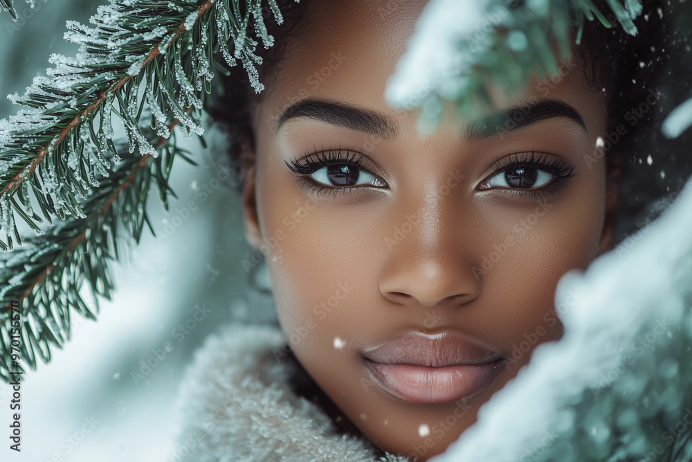Portrait of beautiful young Afro American woman with winter pine or spruce branch. Healthy clean fresh skin natural make up beauty eyes on snow background