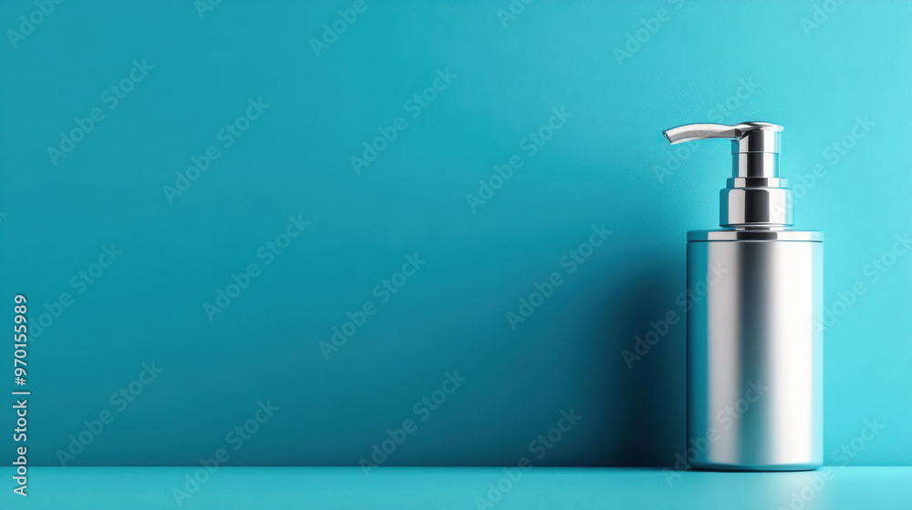 Stainless steel soap dispenser in a simple, clean design placed against a bright blue background for a modern aesthetic.