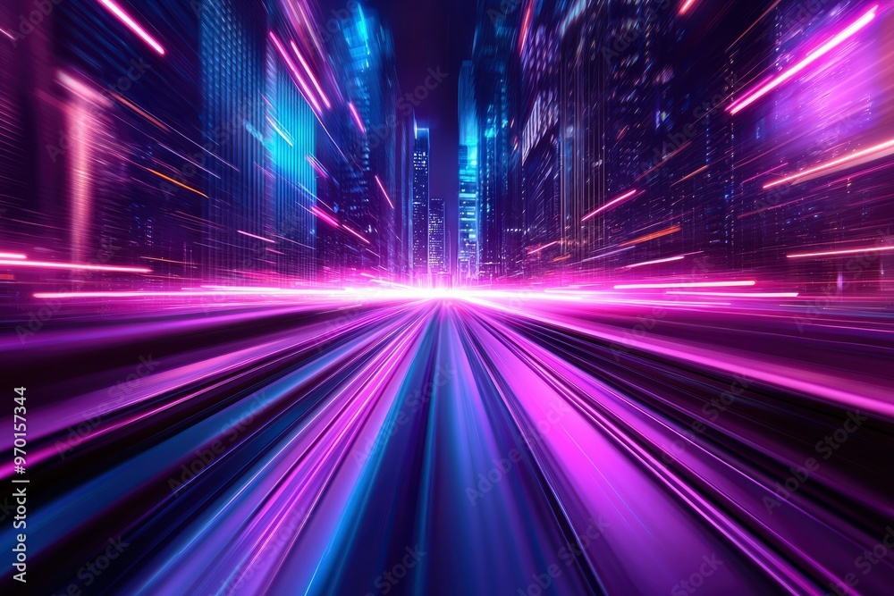 Obraz premium Cityscape with Abstract Purple and Blue Light Streaks