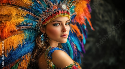 Vibrant portrait of a woman in an elaborate red feathered headdress at a cultural festival photo