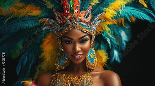 Vibrant portrait of a woman in an elaborate red feathered headdress at a cultural festival photo