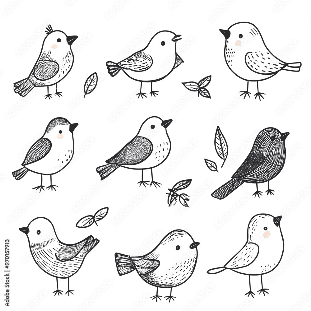 Childlike Hand-Drawn Bird Shapes With Leaves in Playful Design Childlike Hand-Drawn Bird Shapes With Leaves in Playful Design