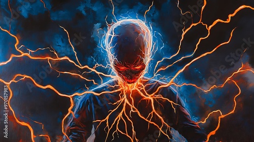 Dark and Glowing Figure With Lightning Energy photo