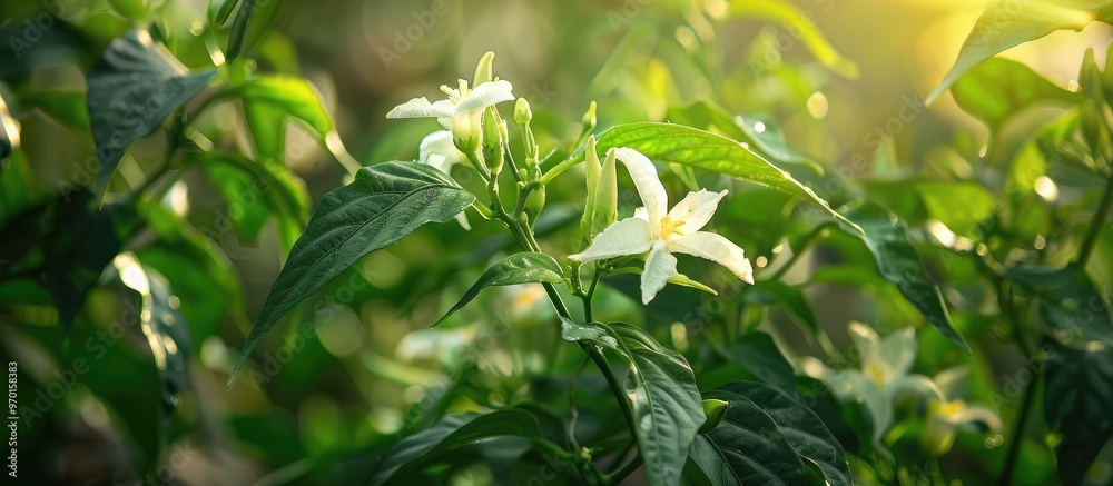 Green Chilli And White Chilli Flower Are On The Tree Green Chilli And White Chilli Flower Are On The Tree