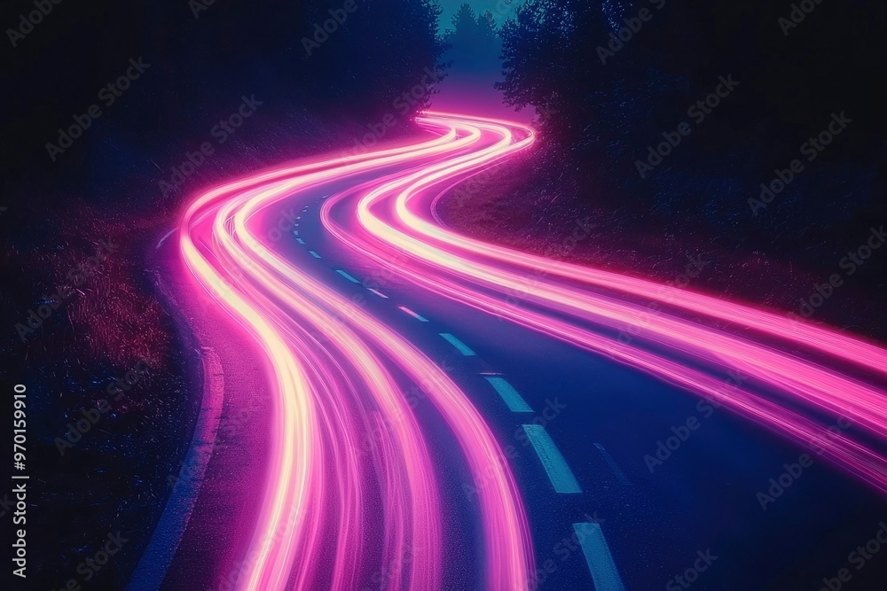 Pink and White Light Trails on a Winding Road at Night