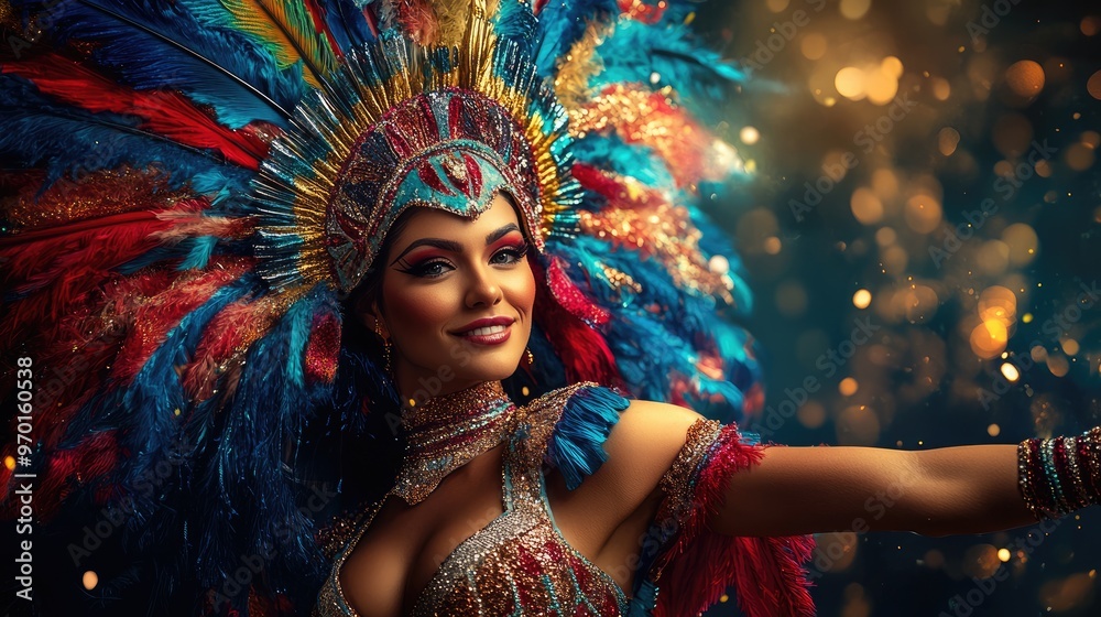 Vibrant portrait of a woman in an elaborate red feathered headdress at a cultural festival Vibrant portrait of a woman in an elaborate red feathered headdress at a cultural festival