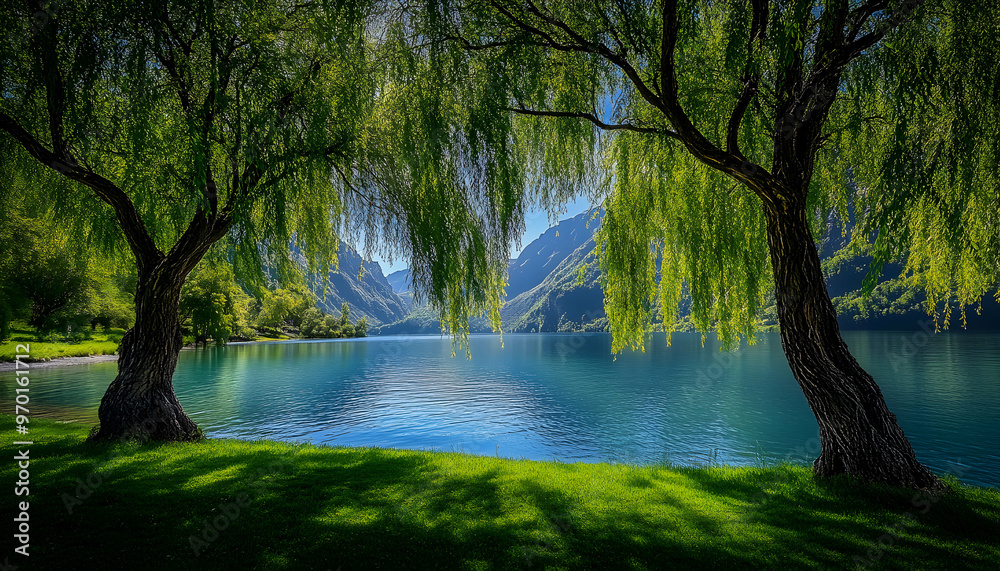 Tranquil lake scene with two weeping willow trees framing the view. Tranquil lake scene with two weeping willow trees framing the view.