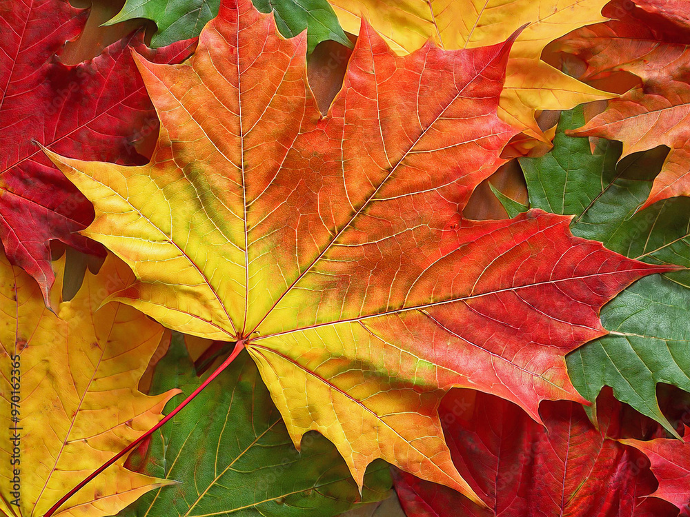 Beautiful Autumn Maple leaves with reds, yellow, orange, green and brown color top down close up view Beautiful Autumn Maple leaves with reds, yellow, orange, green and brown color top down close up view