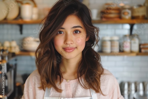 Smiling Barista with Tablet at Coffee Shop Counter