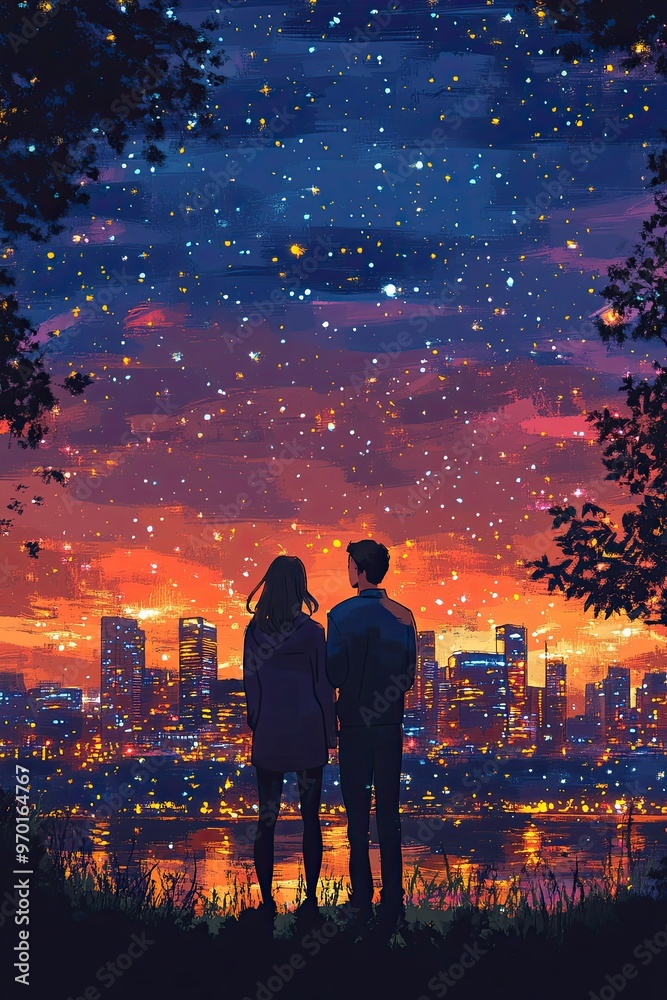 Fototapeta premium Romantic Sunset Cityscape with Silhouetted Couple