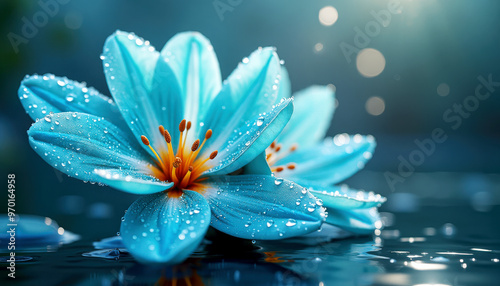 Les pétales d'une fleur bleue sont ornés de fines gouttes de rosée, capturant la lumière et offrant un spectacle apaisant de calme et de fraîcheur. photo