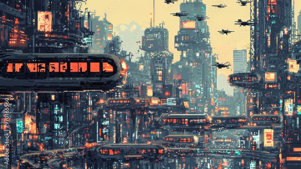 Obraz premium Futuristic Cityscape with Flying Vehicles and Neon Lights