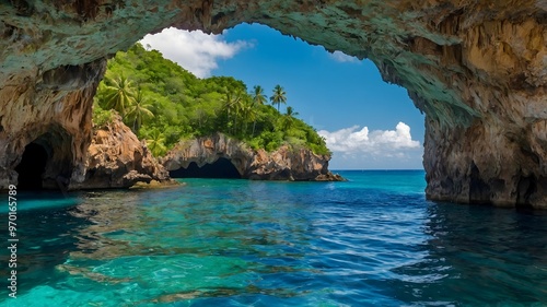 Natural stone arch framing a view of a tropical paradise.