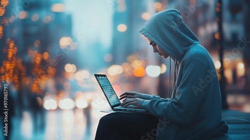 Unrecognizable young hacker in hoodie using laptop in blurry city. Business people. Concept of cybersecurity. Toned image double expsoure..generative ai photo