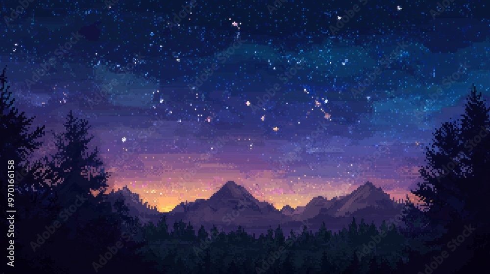 Fototapeta premium Pixelated Mountain Landscape with Starry Night Sky