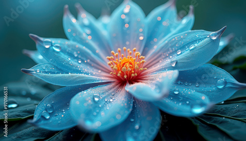 Une fleur bleue baignée de rosée matinale étincelle sous la lumière douce, ses pétales veloutés captant l'humidité et la beauté d'un instant éphémère. photo