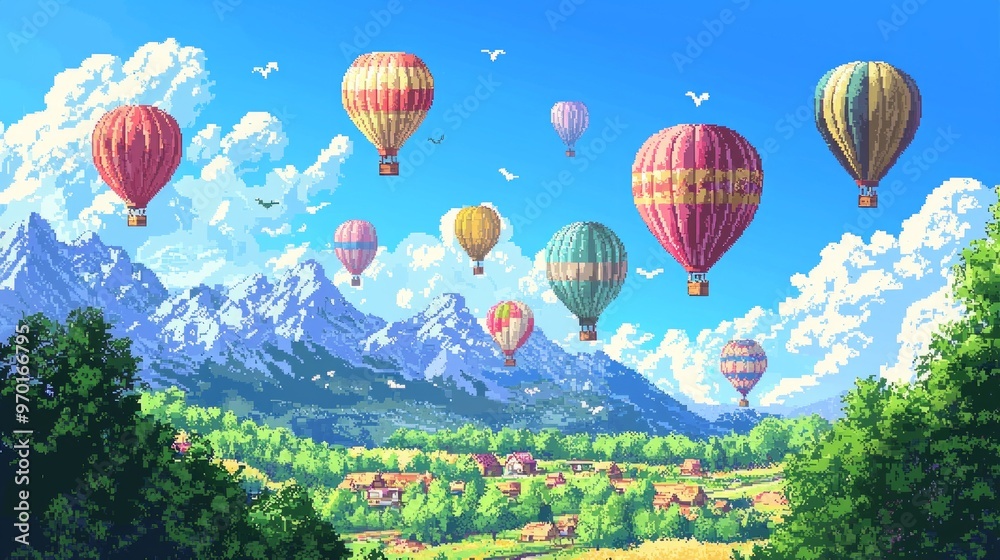 Fototapeta premium Colorful Hot Air Balloons Flying Over Mountain Range