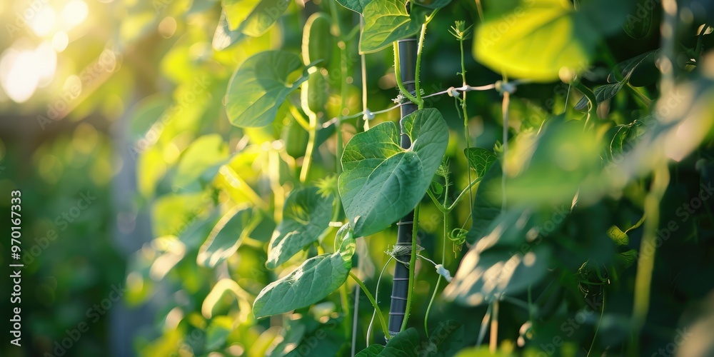 Obraz premium Lush Green Cucumber Vines Twining around Trellis in Garden