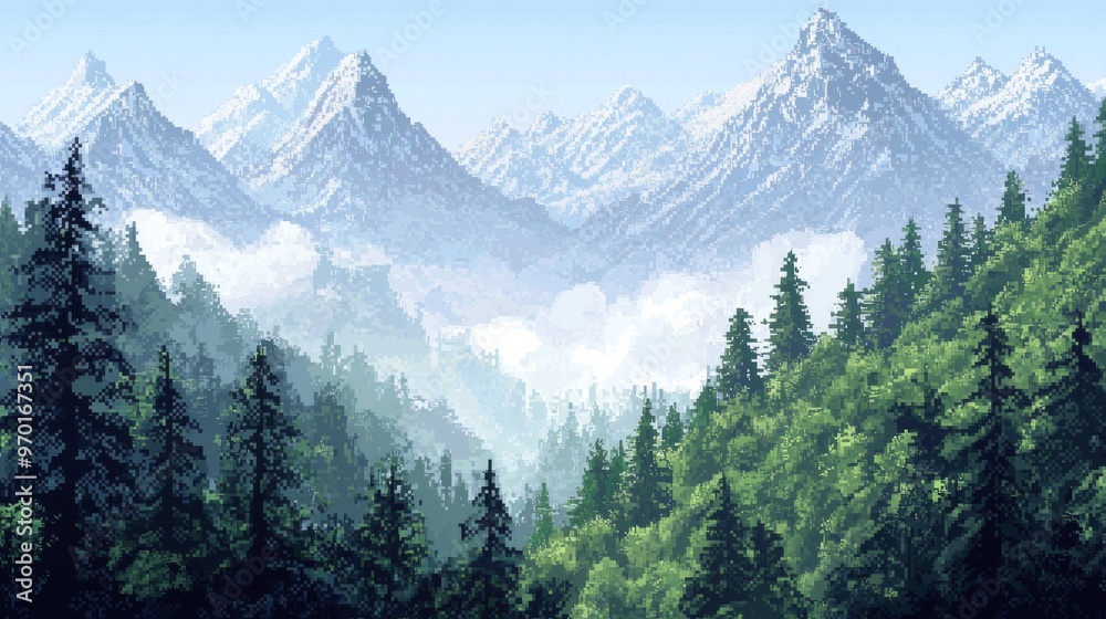 Fototapeta premium Pixel Art Mountain Landscape with Forest and Clouds