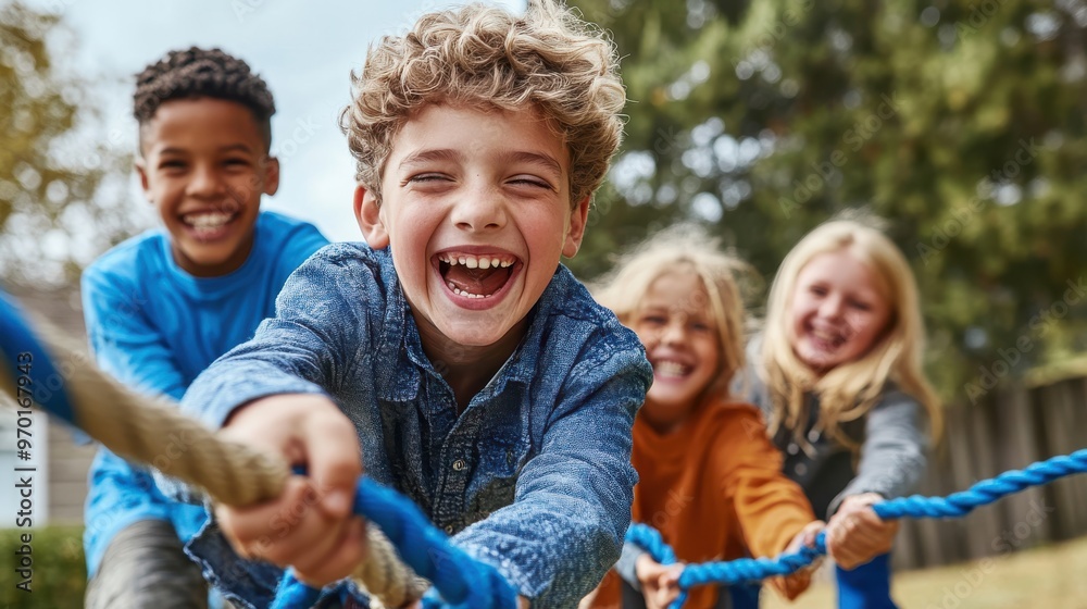 Fototapeta premium A group of happy children engaged in a lively tug-of-war game outdoors, showcasing teamwork, laughter, and energetic play in a sunny and cheerful outdoor environment.