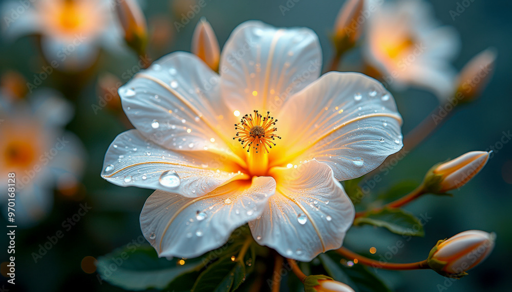 Une élégante fleur blanche, parsemée de perles de rosée du matin, rayonne sous la lumière douce, chaque goutte d'eau accentuant la pureté éclatante de ses pétales immaculés. Une élégante fleur blanche, parsemée de perles de rosée du matin, rayonne sous la lumière douce, chaque goutte d'eau accentuant la pureté éclatante de ses pétales immaculés.