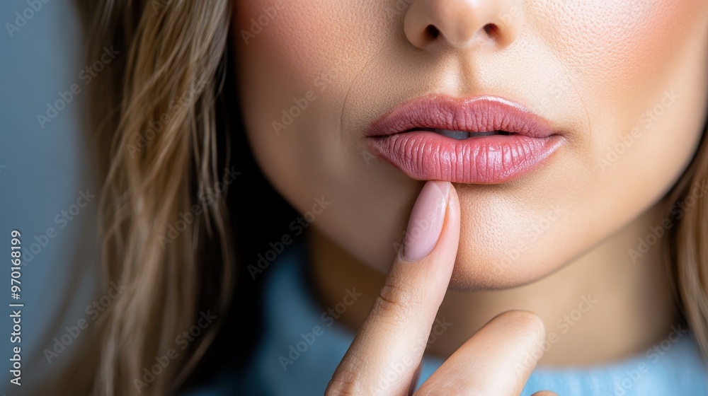 A close-up photograph of a woman's lips with a finger gently touching the bottom lip, highlighting the pink color and the delicate texture in an artistic style. A close-up photograph of a woman's lips with a finger gently touching the bottom lip, highlighting the pink color and the delicate texture in an artistic style.