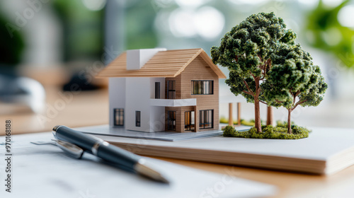 A detailed architectural model of a modern house with trees, sitting on a desk with a pen and papers in the background. photo