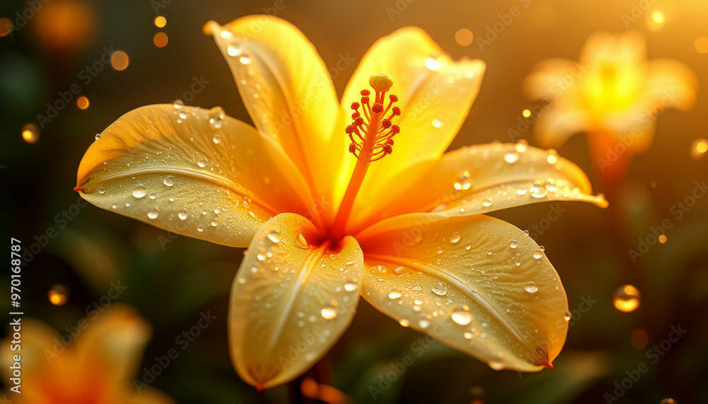 Les gouttes de rosée se déposent délicatement sur les pétales d'une belle fleur jaune, reflétant la lumière du matin et donnant à la fleur un éclat naturel et éphémère.