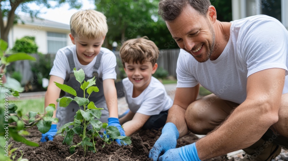 Fototapeta premium A father and his two young sons enjoy gardening together in a backyard, planting young sprouts with smiles, indicating a bonding activity amidst nature, fostering family ties.