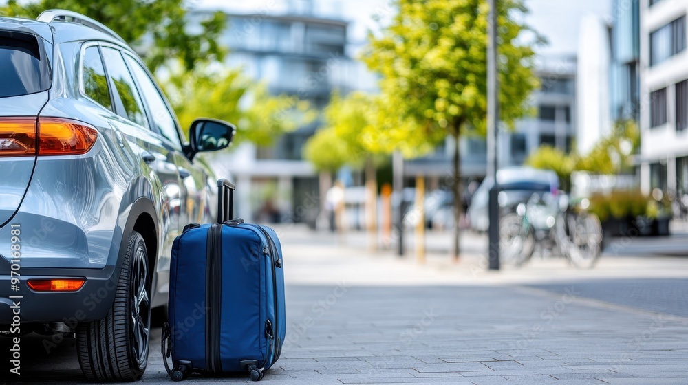 A blue suitcase with wheels stands alongside a car in a modern urban environment, surrounded by buildings and greenery, highlighting concepts of travel and readiness for a journey. A blue suitcase with wheels stands alongside a car in a modern urban environment, surrounded by buildings and greenery, highlighting concepts of travel and readiness for a journey.