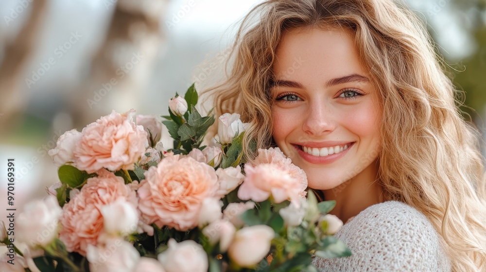 A young woman with curly hair holds a bouquet of peach roses close to her face, her joyful smile radiating warmth and happiness, capturing the essence of natural beauty and delight. A young woman with curly hair holds a bouquet of peach roses close to her face, her joyful smile radiating warmth and happiness, capturing the essence of natural beauty and delight.