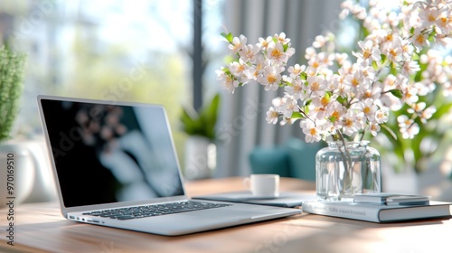 Bright modern workspace featuring an open laptop next to a vase with blooming flowers, offering a perfect blend of productivity and aesthetics. Ideal for home office inspiration.