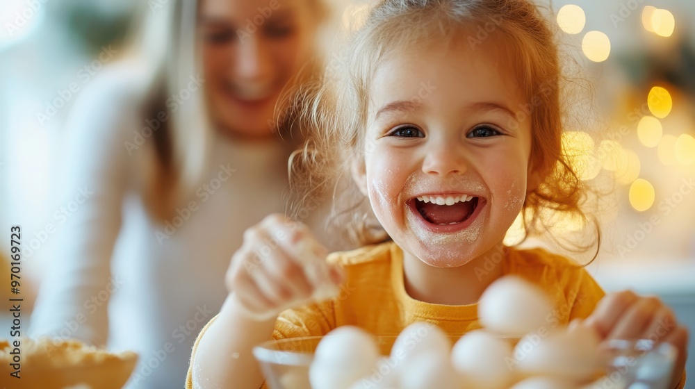 A child with a flour-covered face is laughing joyfully in the kitchen, engaging in baking with the help of an adult in a warm, festive atmosphere full of lights. A child with a flour-covered face is laughing joyfully in the kitchen, engaging in baking with the help of an adult in a warm, festive atmosphere full of lights.