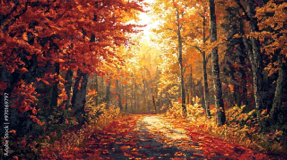Autumn Forest Path with Golden Sunlight and Red Leaves Autumn Forest Path with Golden Sunlight and Red Leaves