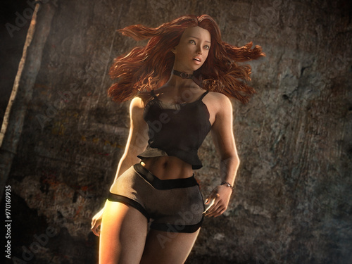 3D rendering of a beautiful and fit fantasy woman with flowing red hair passing by a street in a warm summer day with soft focus background