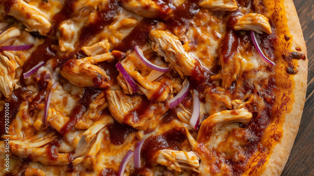 a close-up, top-down view of bbq chicken pizza, filling the entire frame with the focus on the toppings a close-up, top-down view of bbq chicken pizza, filling the entire frame with the focus on the toppings