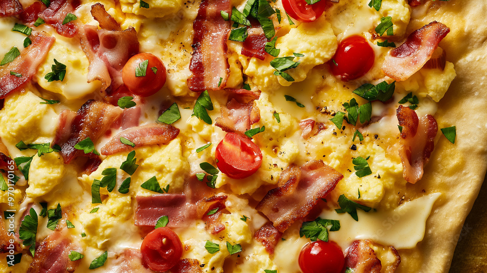 a close-up, top-down view of breakfast pizza, filling the entire frame with the focus on the breakfast ingredients a close-up, top-down view of breakfast pizza, filling the entire frame with the focus on the breakfast ingredients
