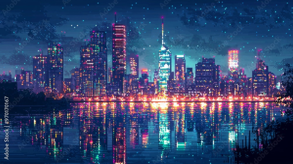 Fototapeta premium Pixelated Cityscape with Night Lights and Water Reflection