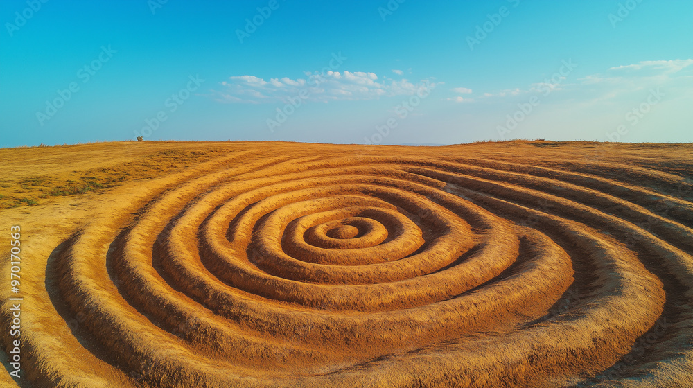 Golden Sandstone Plateau with Symmetrical Spiral Patterns and Clear Blue Sky from Above Golden Sandstone Plateau with Symmetrical Spiral Patterns and Clear Blue Sky from Above