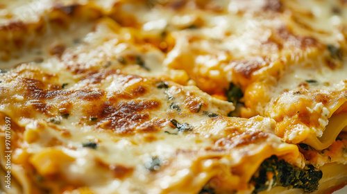 a close-up, top-down view of butternut squash lasagna, filling the entire frame with the focus on the pasta's intricate details