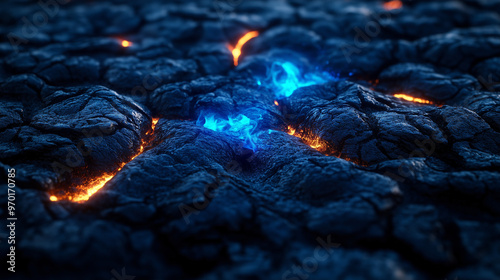 Glowing underwater volcanic vent with vibrant lava formations, crystal clear water, and striking color contrast in ocean depths, captured in wide high-angle shot with symmetrical lines