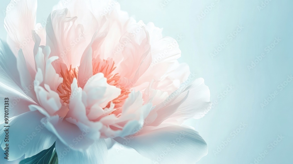 Beautiful close-up of a peony blossom in full bloom, with soft, delicate petals and a white-light blue background Beautiful close-up of a peony blossom in full bloom, with soft, delicate petals and a white-light blue background