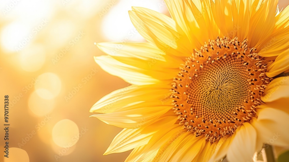 Fototapeta premium Beautiful close-up of a sunflower blossom, showcasing its intricate petal details against a soft white-light golden background