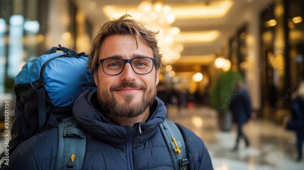 A cheerful man with glasses and a backpack smiles at the camera in a modern indoor environment, illuminated by soft lights, conveying a sense of adventure and comfort. A cheerful man with glasses and a backpack smiles at the camera in a modern indoor environment, illuminated by soft lights, conveying a sense of adventure and comfort.