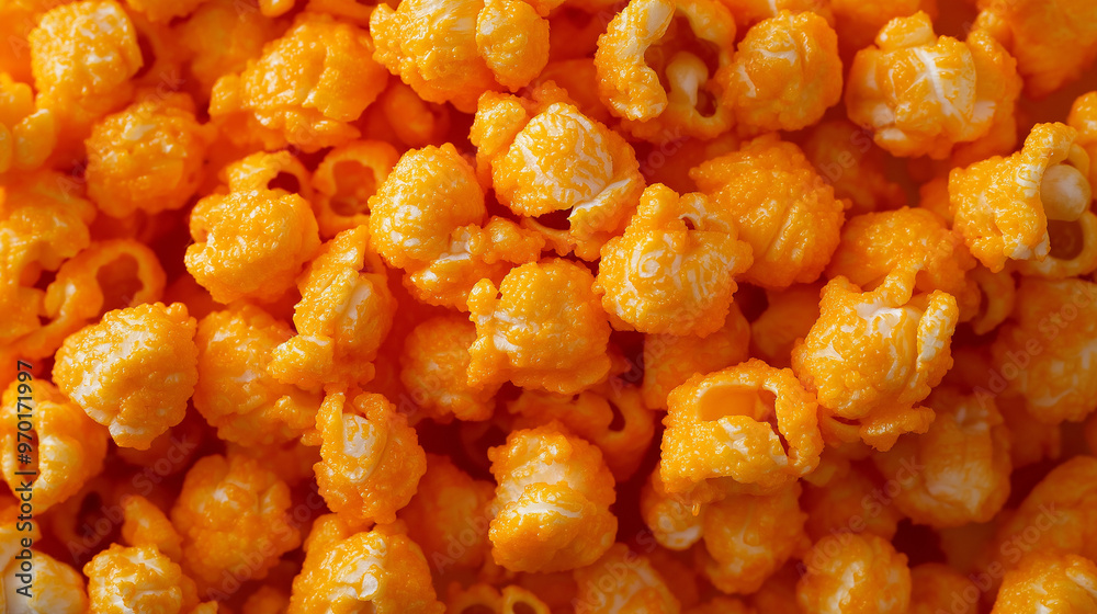 a close-up, top-down view of cheddar cheese popcorn, filling the entire frame with the focus on the cheesy coating a close-up, top-down view of cheddar cheese popcorn, filling the entire frame with the focus on the cheesy coating
