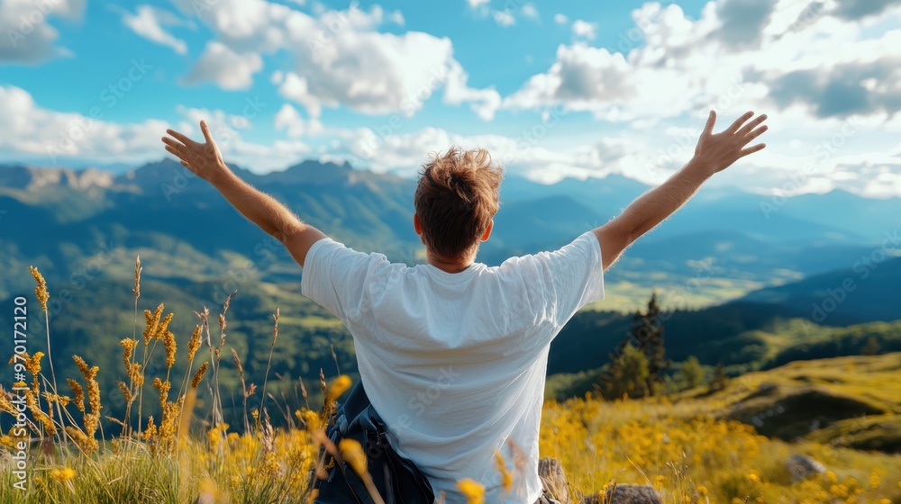 An individual with arms raised in joy overlooks a picturesque mountain valley under a bright blue sky, capturing the essence of freedom and nature's beauty. An individual with arms raised in joy overlooks a picturesque mountain valley under a bright blue sky, capturing the essence of freedom and nature's beauty.