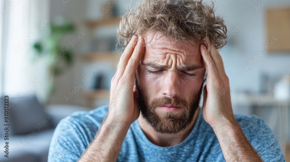 Indoors, a stressed man holds his head in distress, portraying the intensity of his mental and emotional burden, highlighting the consequences of stress and anxiety. Indoors, a stressed man holds his head in distress, portraying the intensity of his mental and emotional burden, highlighting the consequences of stress and anxiety.