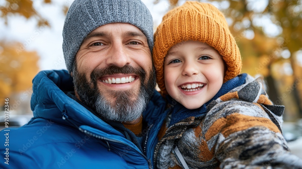 A father and his son share a joyful close-up moment while wearing matching blue winter outfits, creating a visually appealing and heartwarming family memory. A father and his son share a joyful close-up moment while wearing matching blue winter outfits, creating a visually appealing and heartwarming family memory.