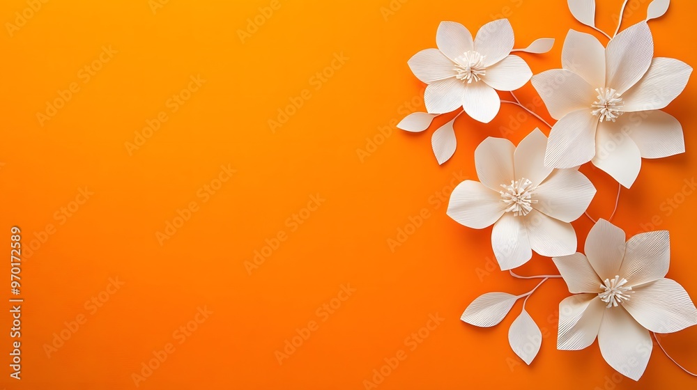 Carve of white flower paper on a fresh orange color paper background for decorate. Carve of white flower paper on a fresh orange color paper background for decorate.
